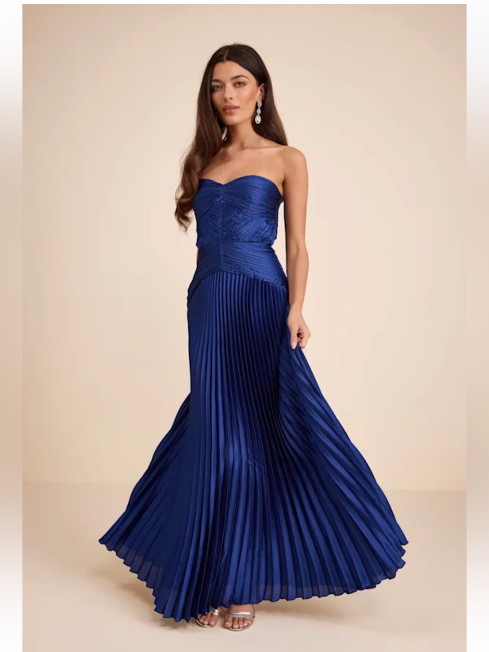 NWT Lulus Elkay Navy Blue Pleated Satin Drop Waist Maxi Dress FLAWED ZIPPER